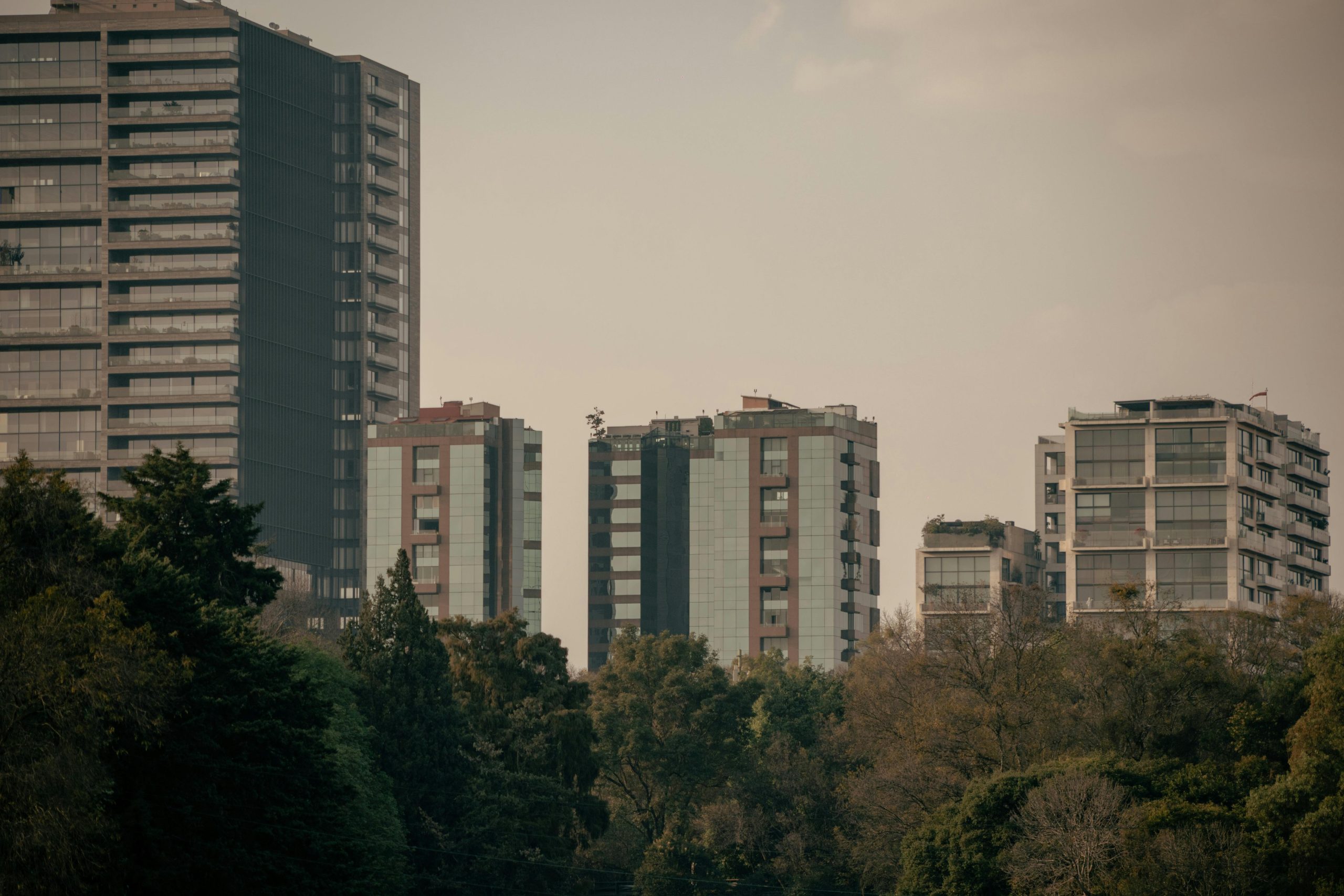 Urban skyline of Mexico City with modern skyscrapers and lush greenery in foreground.